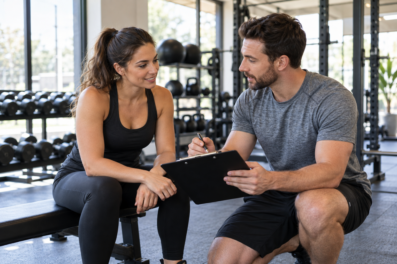 Personal trainer and client discussing goals before a first personal training session