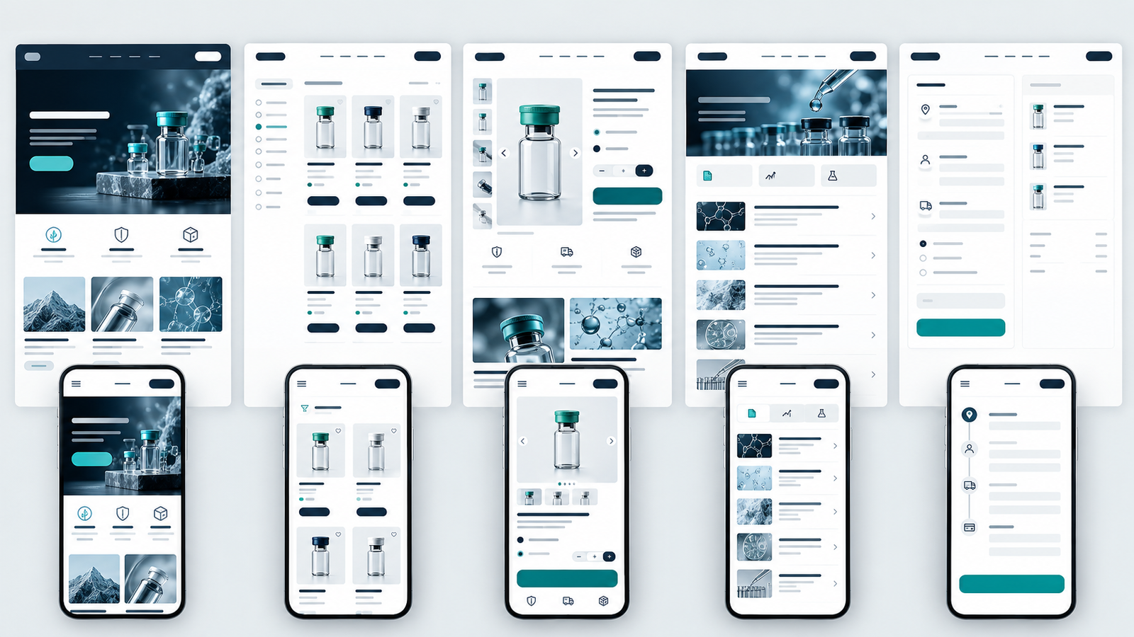 Conceptual desktop and mobile layouts for a peptide ecommerce website