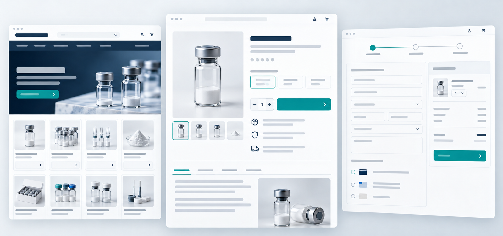 Conceptual catalog, product and checkout screens for a WooCommerce store