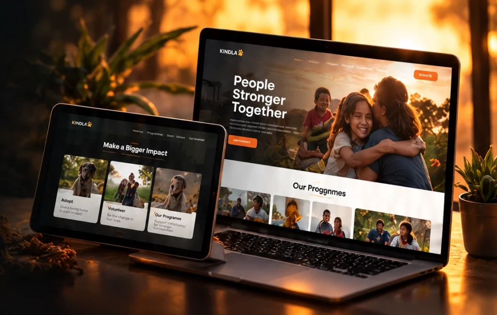 Concept nonprofit website layouts with programme, volunteer and donation navigation