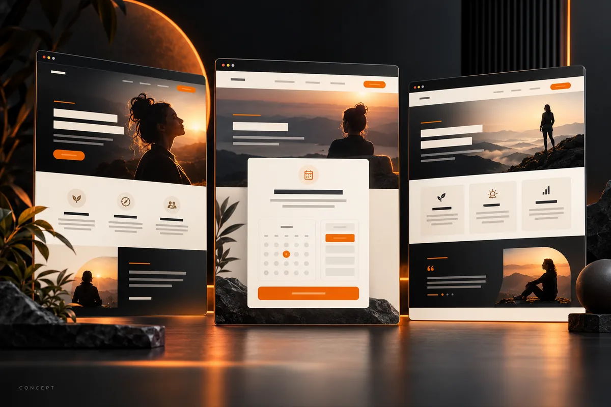 Three conceptual coaching website layouts with portrait imagery, service cards and a booking calendar.