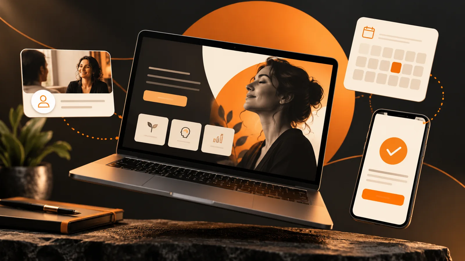 Conceptual coaching website on a laptop beside a booking calendar and mobile confirmation screen
