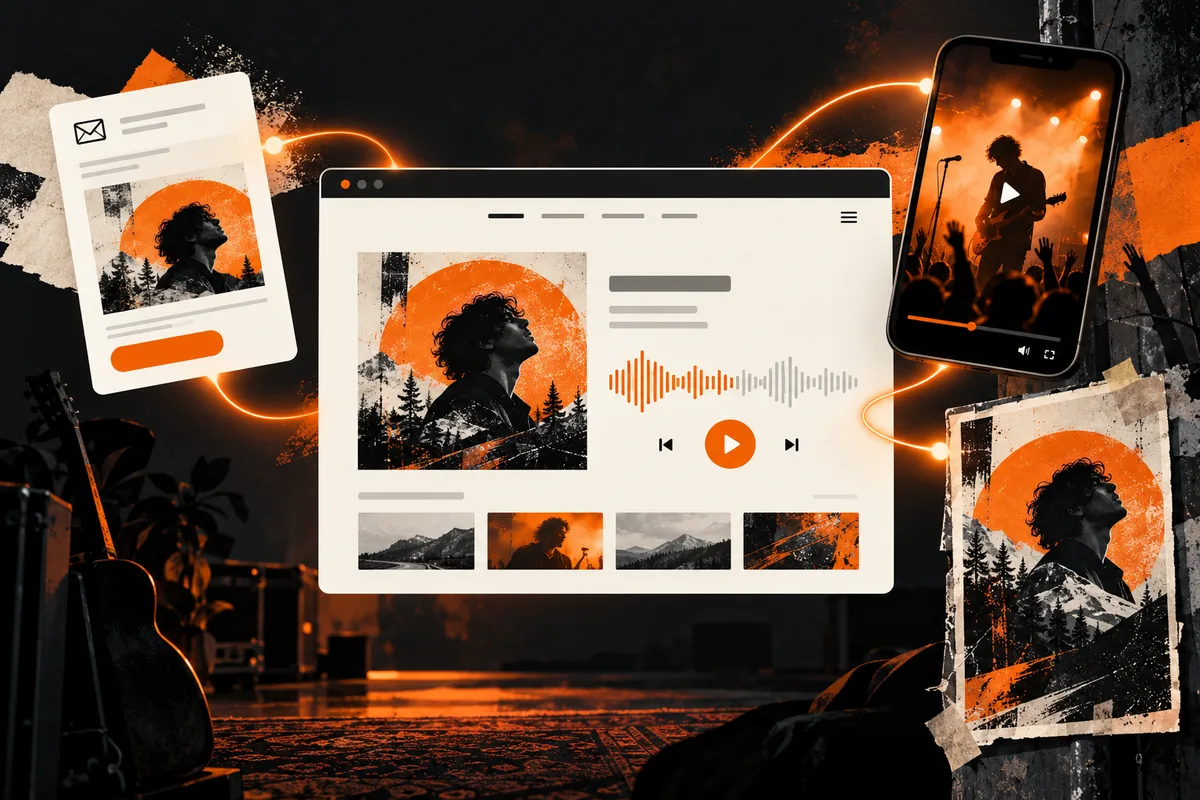 Concept artist release page with an audio player connected to an email card, concert video on a phone and printed artwork.