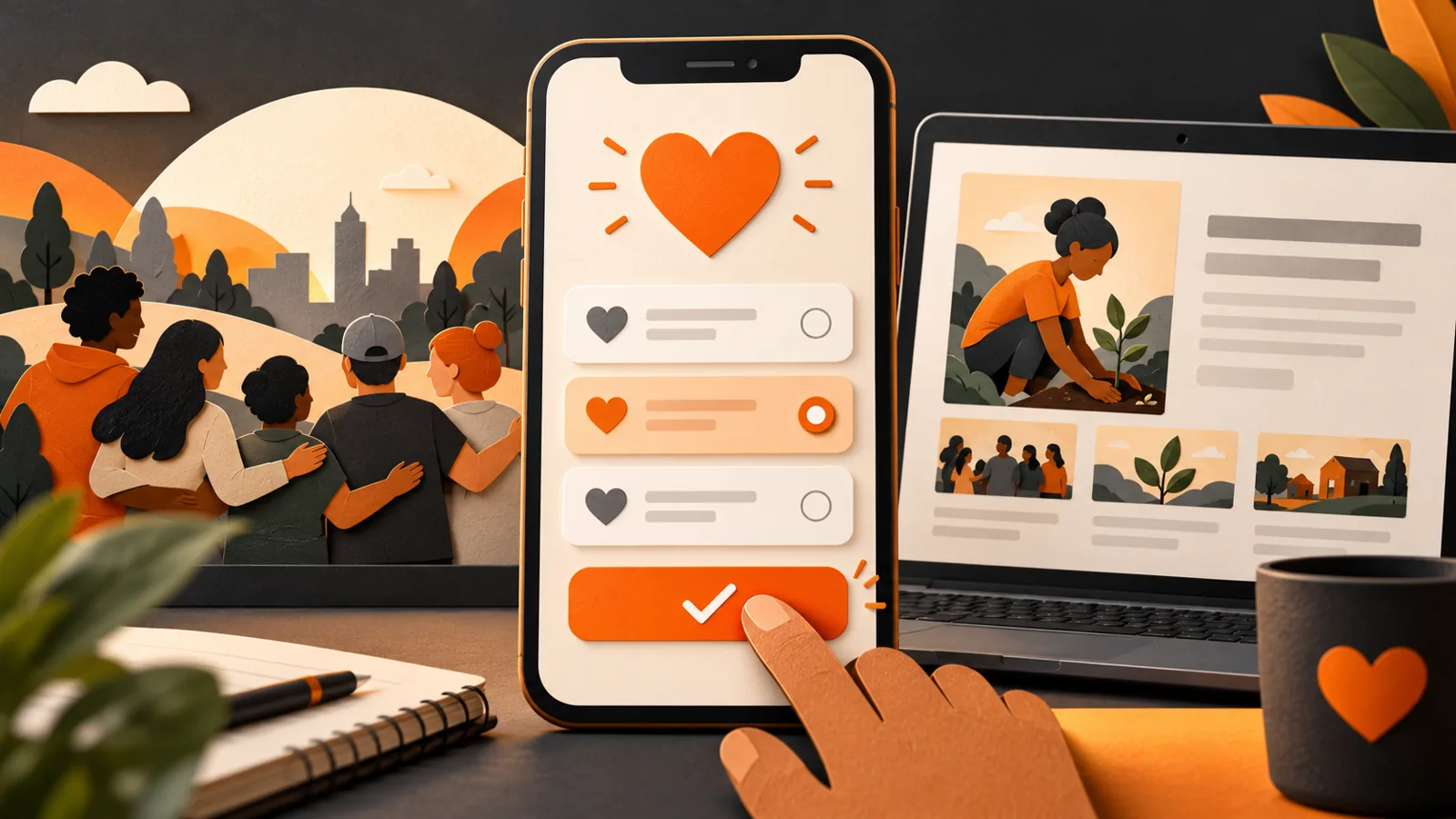 Conceptual mobile donation form beside a nonprofit website and illustrated community scene