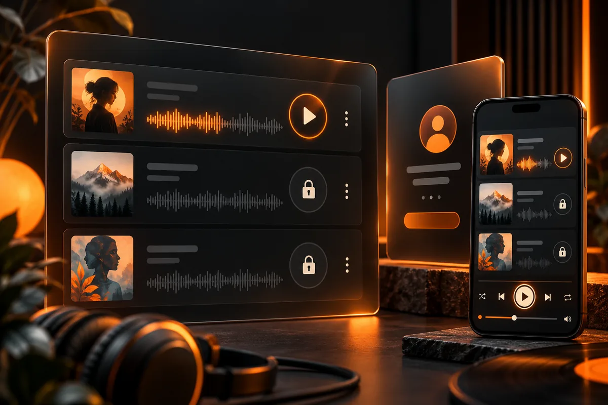 Concept desktop and phone audio playlists with a playable sample, locked premium tracks and a membership access card.