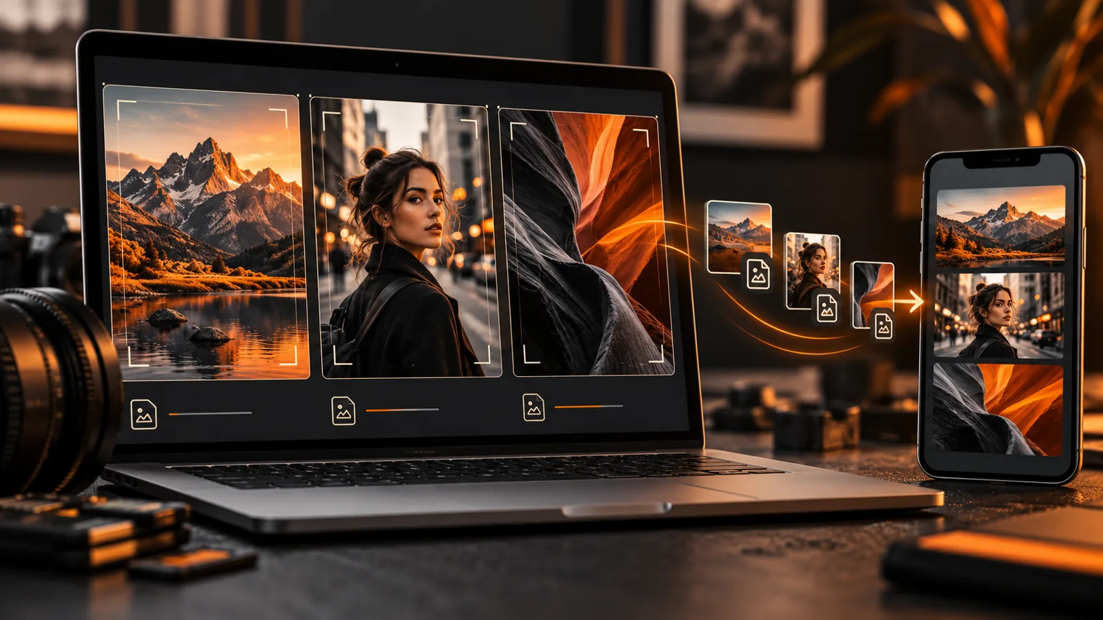 Conceptual photography gallery with landscape, portrait and canyon images shown on laptop and mobile screens