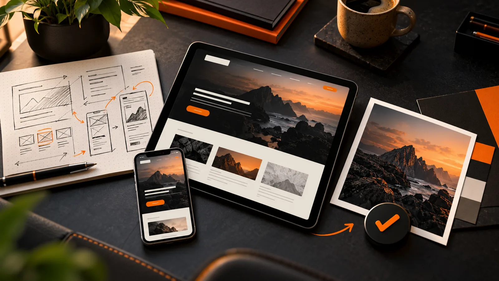 Conceptual portfolio project storyboard with sketches, website layouts and a finished design shown on tablet and phone