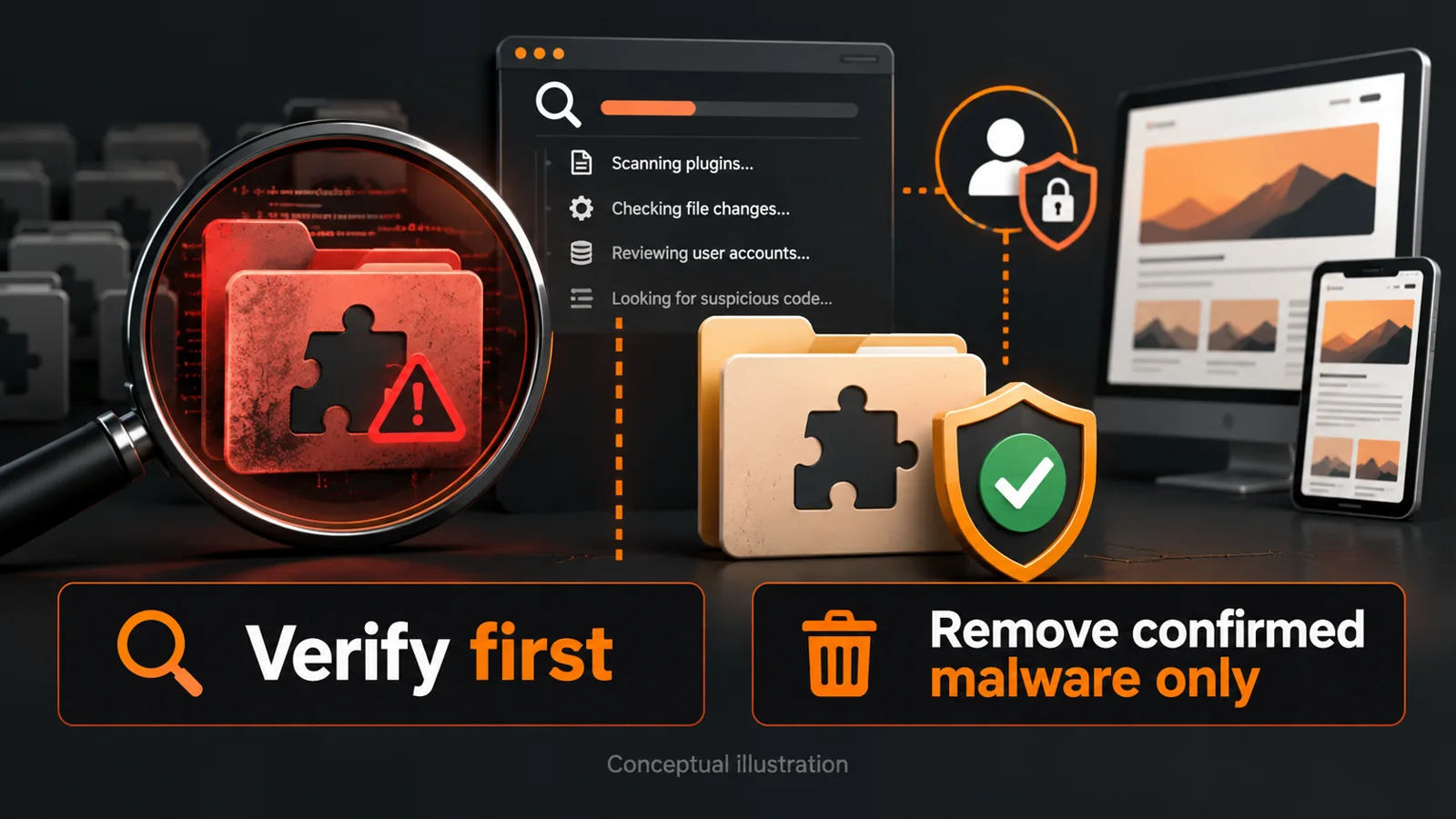 Conceptual illustration of inspecting a suspicious plugin folder while protecting legitimate plugins and reviewing website security