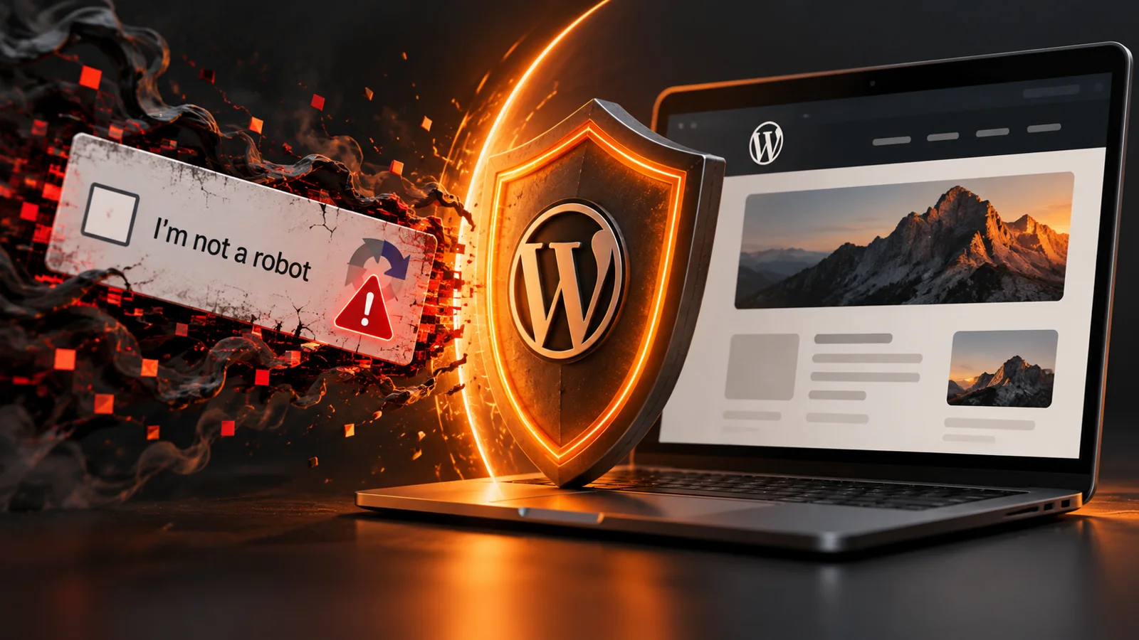 Conceptual WordPress security illustration with a fake I’m not a robot CAPTCHA card, warning symbol and protective shield beside a laptop